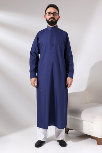 Men's Navy Blue Plane Hajj and Umrah Clothing Tall Dagron Fabric Fistan - 1