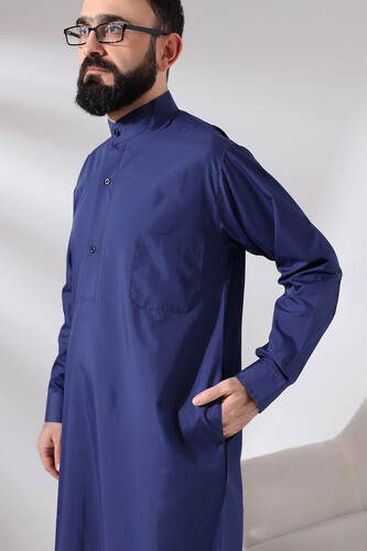 Men's Navy Blue Plane Hajj and Umrah Clothing Tall Dagron Fabric Fistan - 3