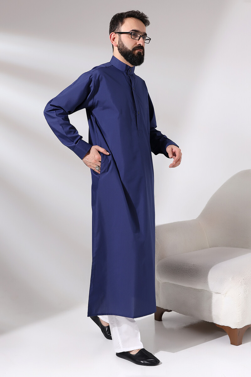 Men's Navy Blue Plane Hajj and Umrah Clothing Tall Dagron Fabric Fistan - 4