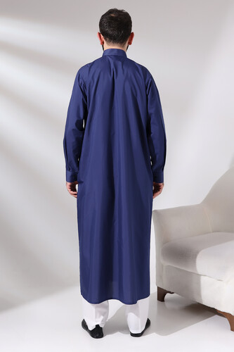 Men's Navy Blue Plane Hajj and Umrah Clothing Tall Dagron Fabric Fistan - 5