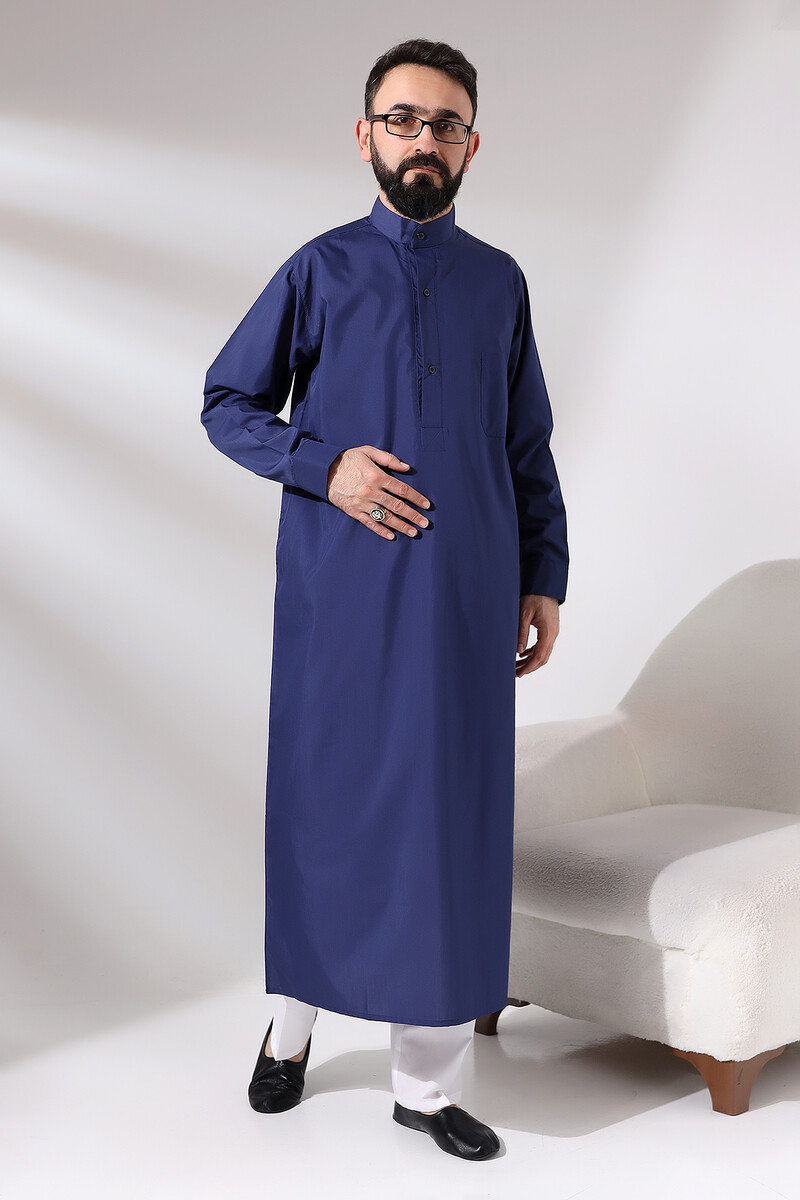 Men's Navy Blue Plane Hajj and Umrah Clothing Tall Dagron Fabric Fistan - 6