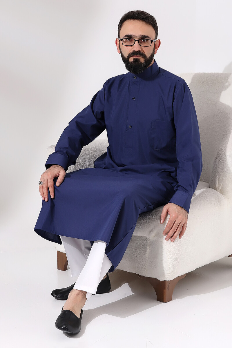 Men's Navy Blue Plane Hajj and Umrah Clothing Tall Dagron Fabric Fistan - 7