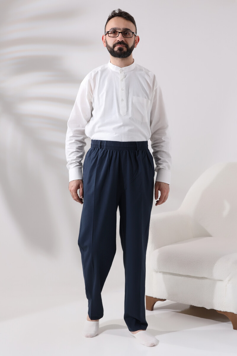 Men's Navy Blue Relaxed Cut Elastic Waist Linen Hajj and Umrah Shalwar Trousers - 2