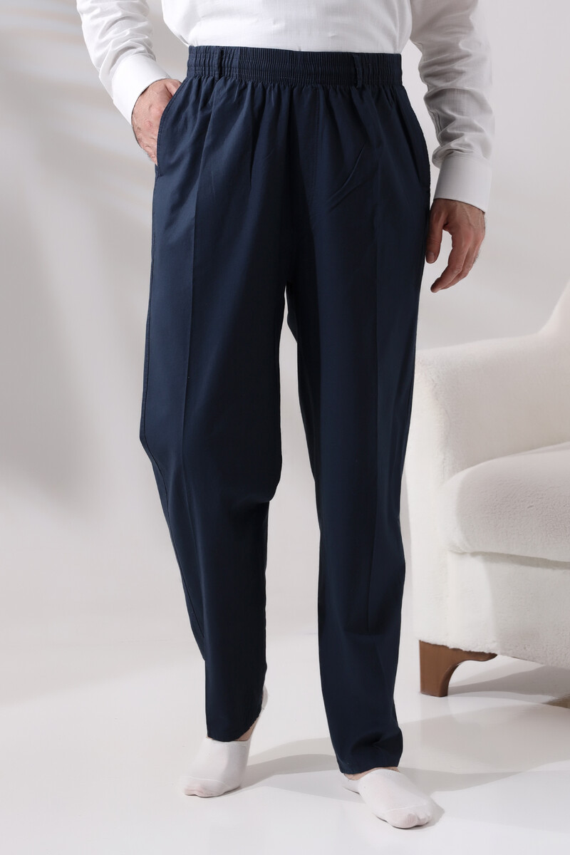 Men's Navy Blue Relaxed Cut Elastic Waist Linen Hajj and Umrah Shalwar Trousers - 3