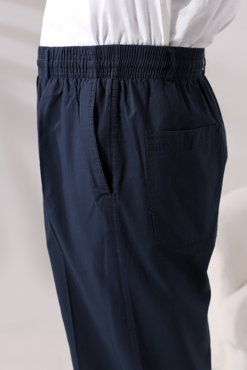 Men's Navy Blue Relaxed Cut Elastic Waist Linen Hajj and Umrah Shalwar Trousers - 5