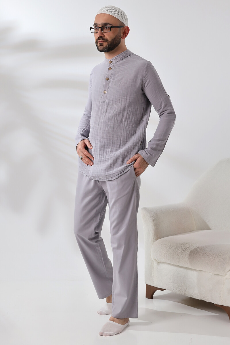 Men's Shirt Trousers Double Set Hajj Umrah Clothing Gray - 3