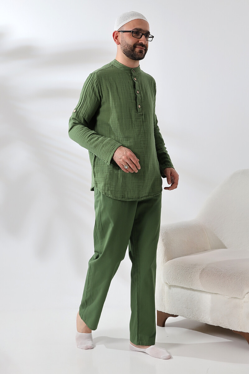 Men's Shirt Trousers Double Set Hajj Umrah Clothing Green - 3