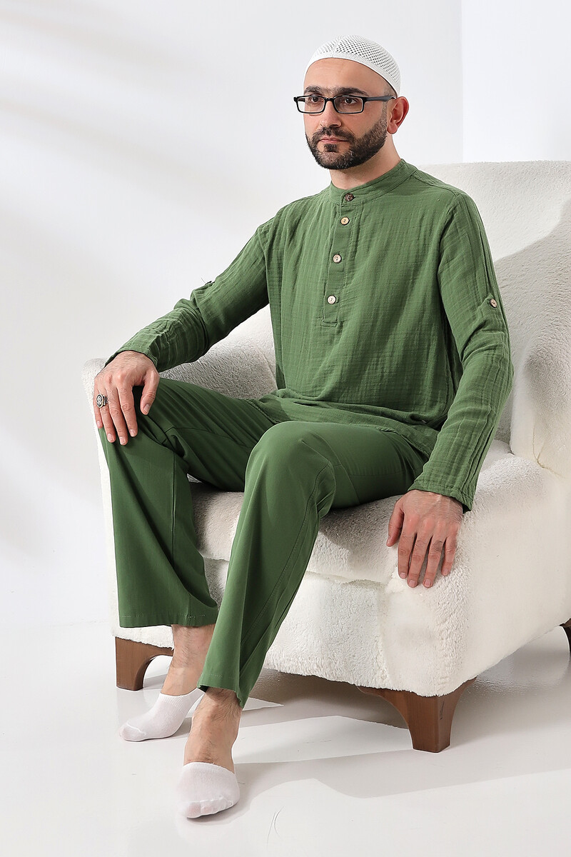 Men's Shirt Trousers Double Set Hajj Umrah Clothing Green - 5