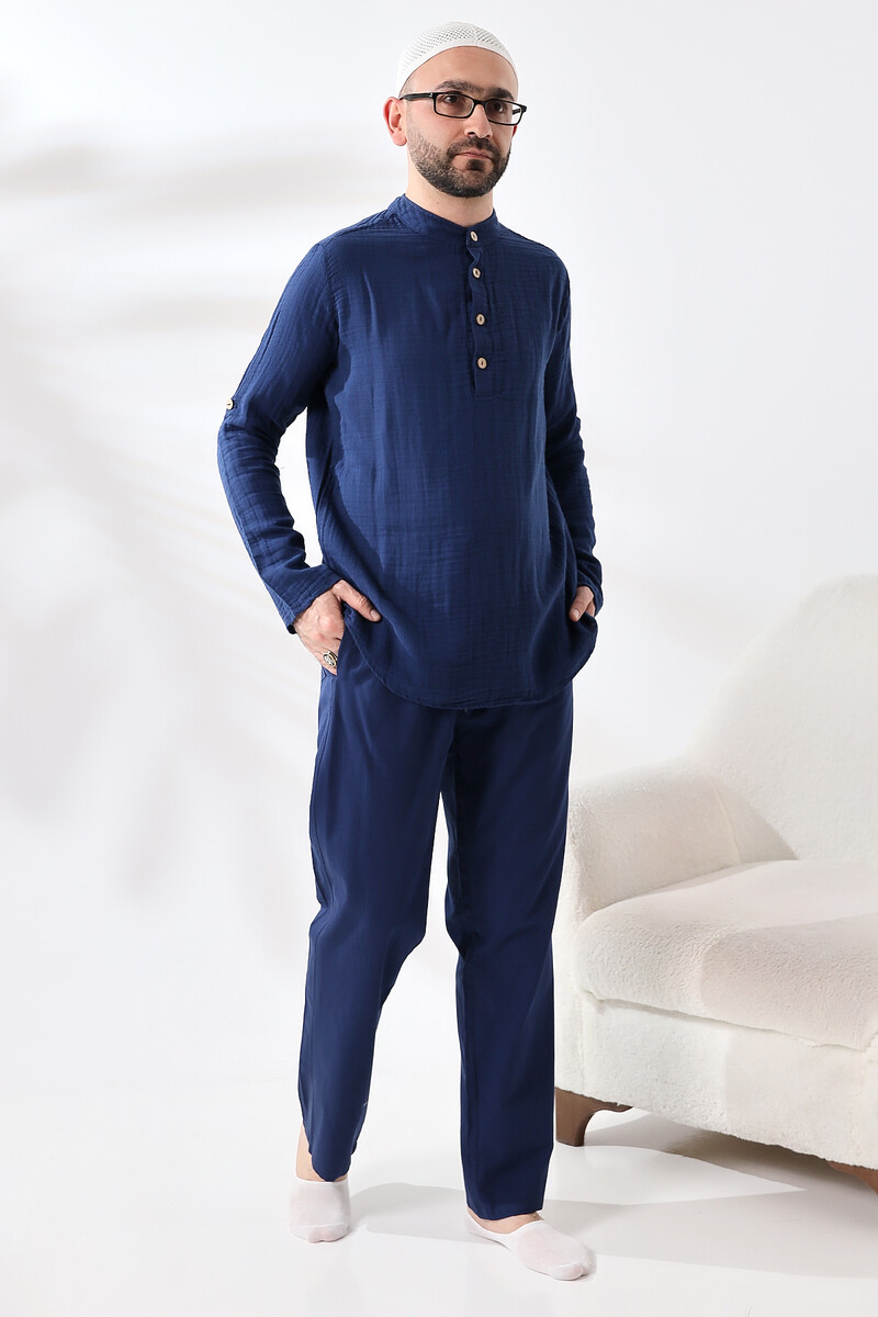 Men's Shirt Trousers Double Set Hajj Umrah Clothing Navy Blue - 4