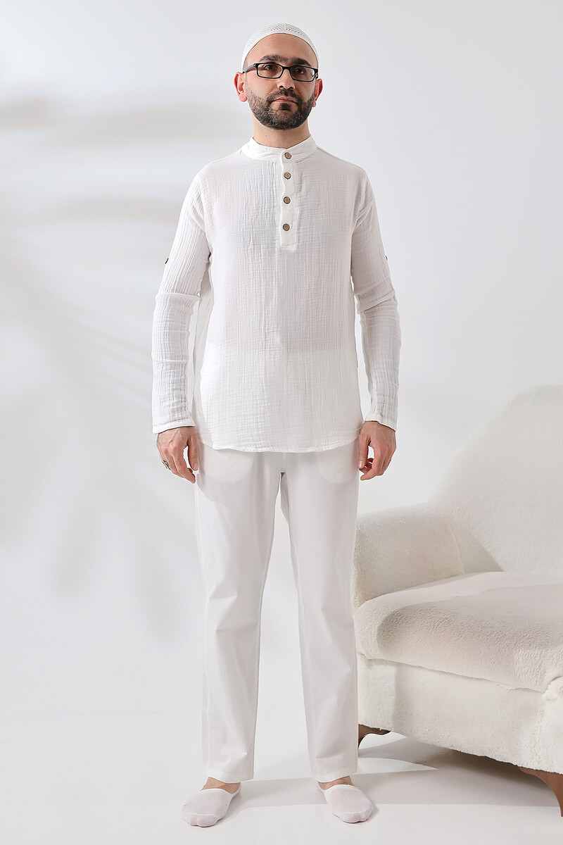 Men's Shirt Trousers Double Set Hajj Umrah Clothing White - 1