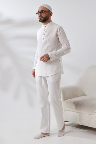 Men's Shirt Trousers Double Set Hajj Umrah Clothing White - 3