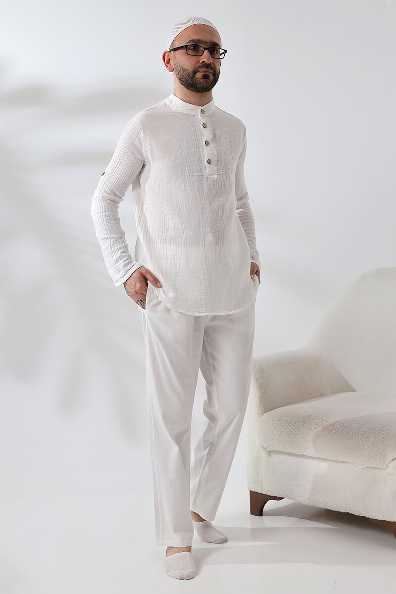 Men's Shirt Trousers Double Set Hajj Umrah Clothing White - 4