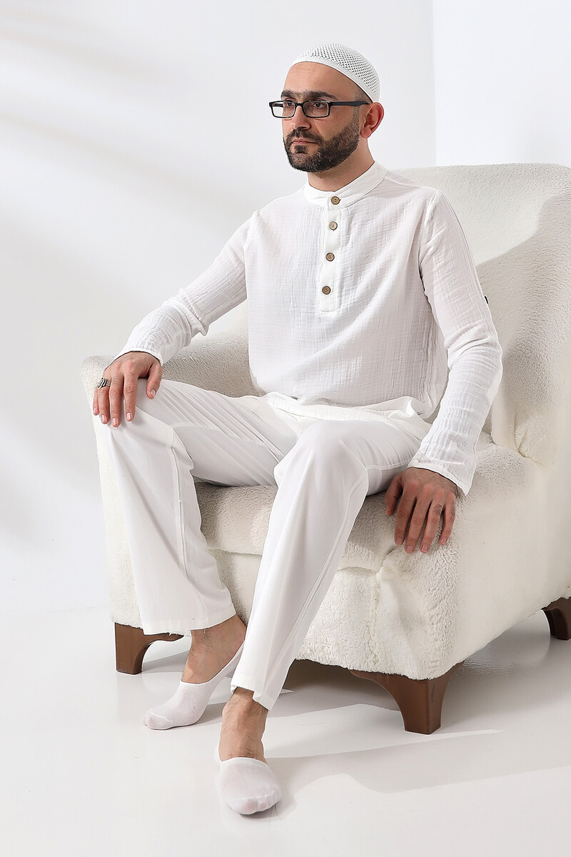 Men's Shirt Trousers Double Set Hajj Umrah Clothing White - 5