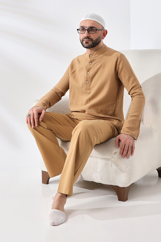 Men's Shirt Trousers Two-piece Suit Hajj Umrah Clothing Mustard - 5