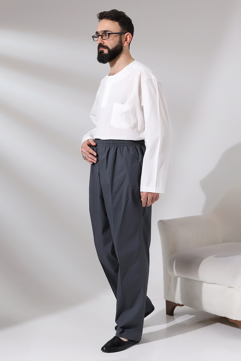 Men's Smoked Çınar Relaxed Cut Waist Elastic Hajj and Umrah Linen Shalwar Trousers - 4