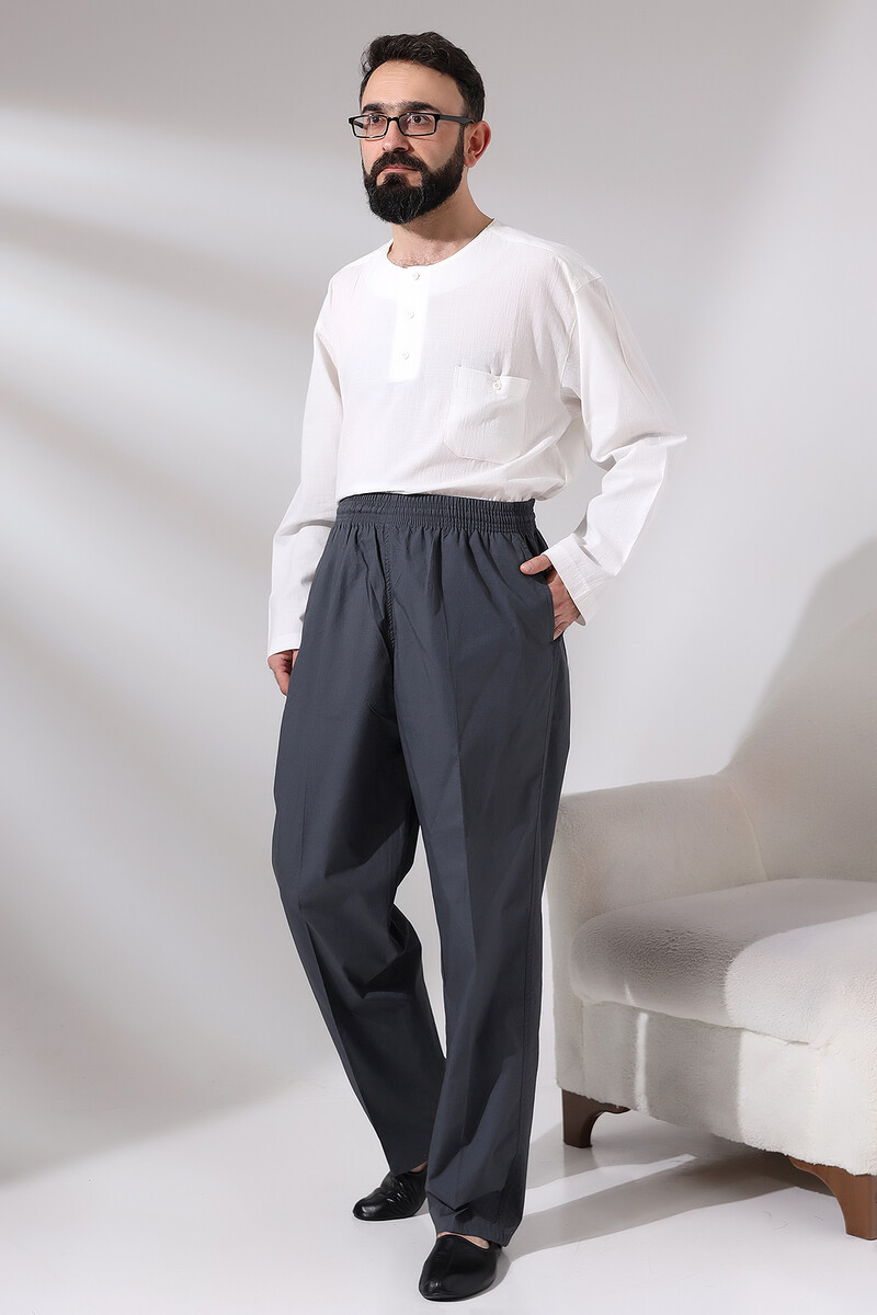 Men's Smoked Çınar Relaxed Cut Waist Elastic Hajj and Umrah Linen Shalwar Trousers - 5