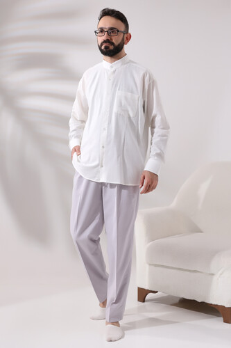 Men's Stone Relaxed Cut Elastic Waist Linen Hajj and Umrah Shalwar Trousers - 2