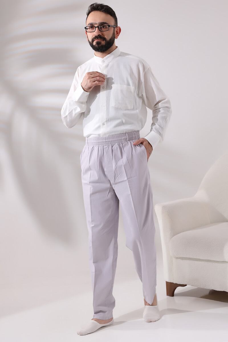 Men's Stone Relaxed Cut Elastic Waist Linen Hajj and Umrah Shalwar Trousers - 7