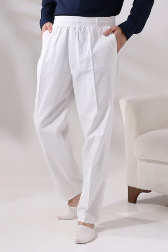 Men's White Comfortable Cut Elastic Waist Linen Hajj and Umrah Shalwar Trousers - 1