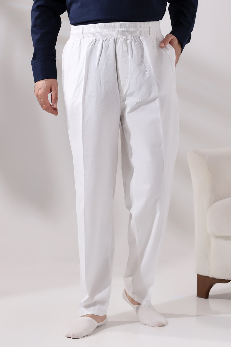 Men's White Comfortable Cut Elastic Waist Linen Hajj and Umrah Shalwar Trousers - 2