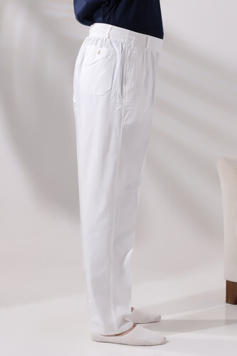 Men's White Comfortable Cut Elastic Waist Linen Hajj and Umrah Shalwar Trousers - 3