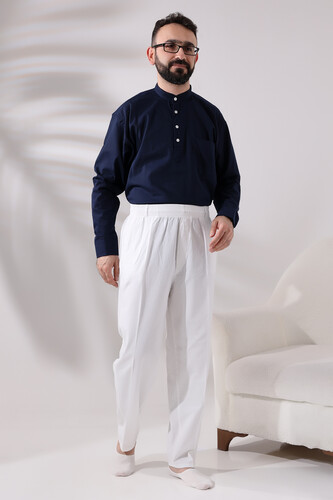 Men's White Comfortable Cut Elastic Waist Linen Hajj and Umrah Shalwar Trousers - 7