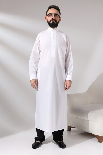 Men's White Plane Hajj and Umrah Clothing Long Dagron Fabric Fistan - 1