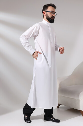 Men's White Plane Hajj and Umrah Clothing Long Dagron Fabric Fistan - 2