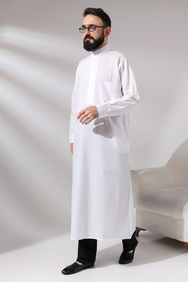 Men's White Plane Hajj and Umrah Clothing Long Dagron Fabric Fistan - 3