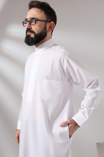 Men's White Plane Hajj and Umrah Clothing Long Dagron Fabric Fistan - 5