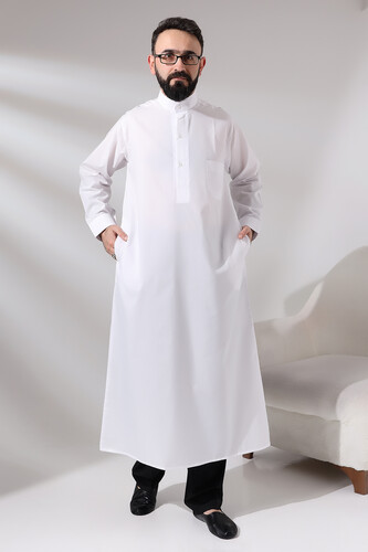 Men's White Plane Hajj and Umrah Clothing Long Dagron Fabric Fistan - 6