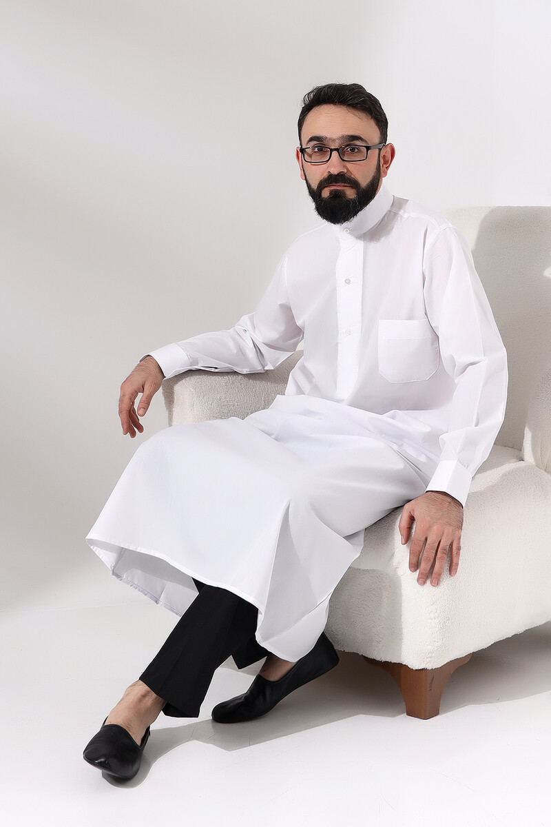 Men's White Plane Hajj and Umrah Clothing Long Dagron Fabric Fistan - 7