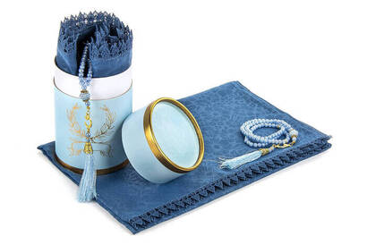 Mevlid Gift Set with Cylinder Box - Pearl Rosary - Cotton Patterned Scalloped Mevlid Covered - Petrol Color - 2