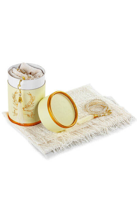 Mevlid Gift Set with Cylinder Box - Pearl Rosary - Mevlid Covered - Cream Color - 1