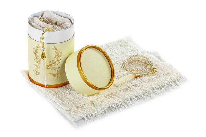 Mevlid Gift Set with Cylinder Box - Pearl Rosary - Mevlid Covered - Cream Color - 2