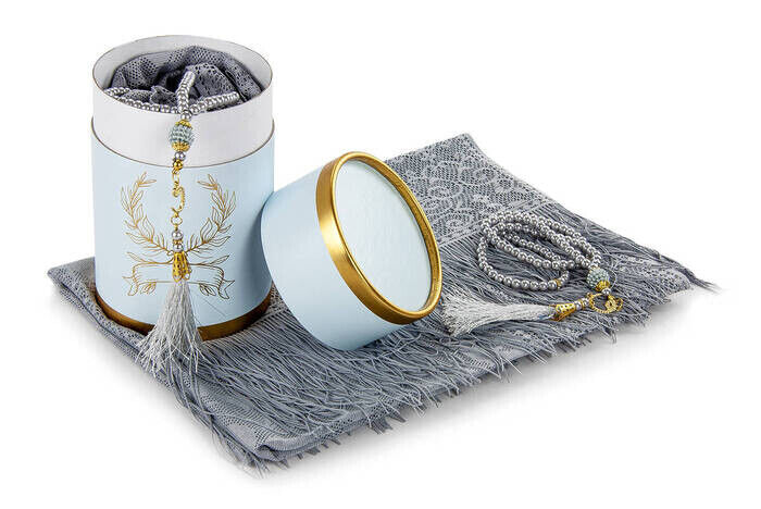 Mevlid Gift Set with Cylinder Box - Pearl Rosary - Mevlid Covered - Gray Color - 2