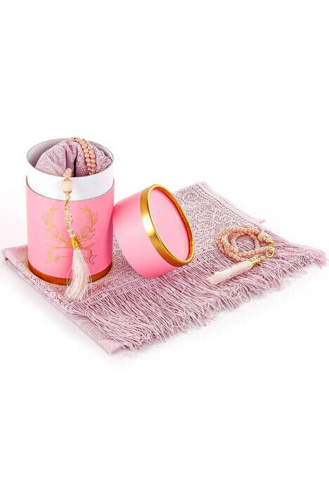 Mevlid Gift Set with Cylinder Box - Pearl Rosary - Mevlid Covered - Pink Color - 1