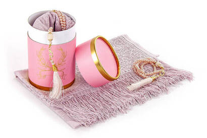 Mevlid Gift Set with Cylinder Box - Pearl Rosary - Mevlid Covered - Pink Color - 2