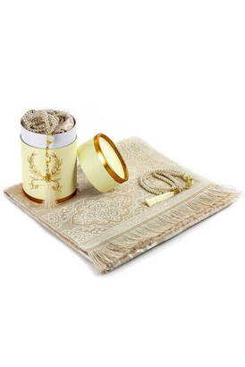 Mevlid Gift Set with Luxury Taffeta Prayer Rug and Pearl Rosary Special Cylinder Box - Cream Color - 1