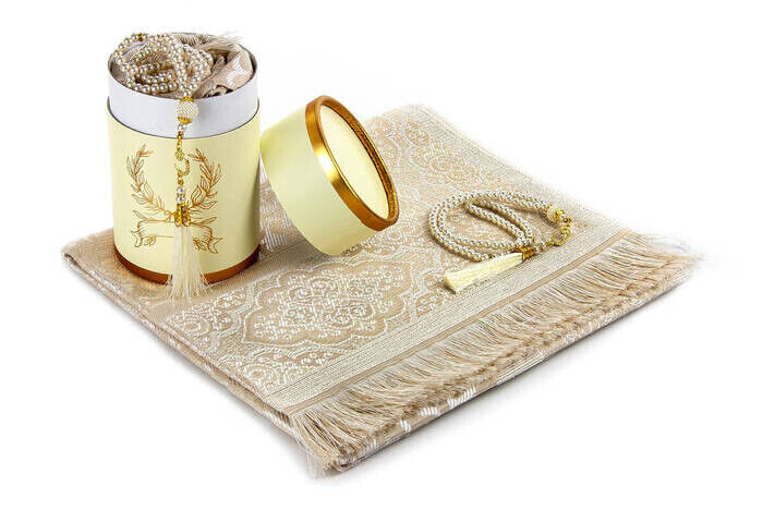 Mevlid Gift Set with Luxury Taffeta Prayer Rug and Pearl Rosary Special Cylinder Box - Cream Color - 2