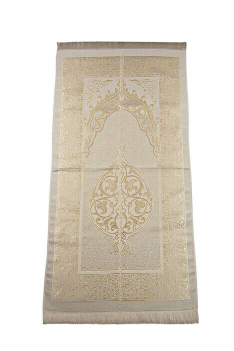 Mevlid Gift Set with Luxury Taffeta Prayer Rug and Pearl Rosary Special Cylinder Box - Cream Color - 3