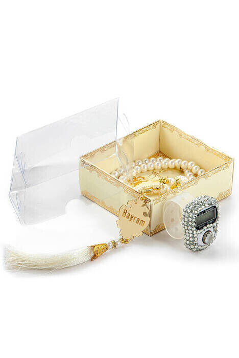 Mevlid Gift Set With Plexi Pearl Rosary and Zikirmatik Special For Name - Cream Color - 1