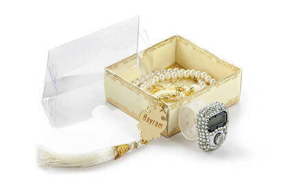 Mevlid Gift Set With Plexi Pearl Rosary and Zikirmatik Special For Name - Cream Color - 2