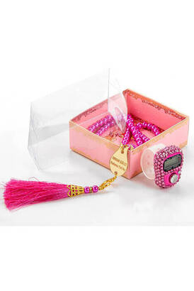 Mevlid Gift Set With Plexi Pearl Rosary and Zikirmatik Special For Your Name - Pink Color - 1