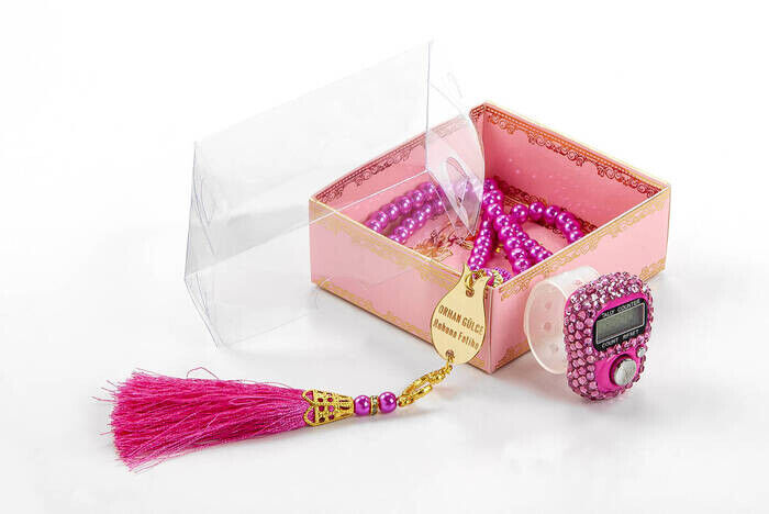 Mevlid Gift Set With Plexi Pearl Rosary and Zikirmatik Special For Your Name - Pink Color - 2