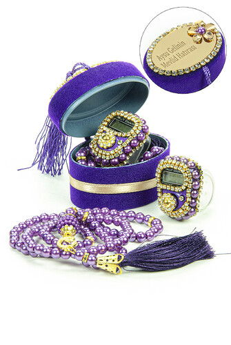 Mevlüt Gift Set Purple with Zikirmatik and Pearl Rosary in a Custom Velvet Box - 1