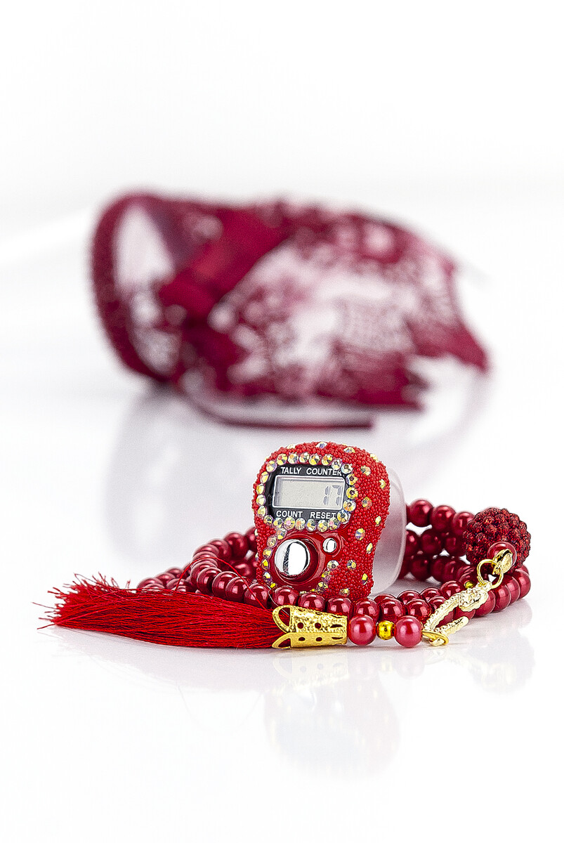 Mevlüt Gift Set with Zikirmatik and Pearl Rosary in Special Box Claret Red - 3