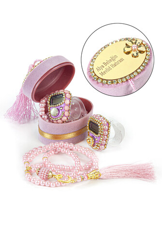 Mevlüt Gift Set with Zikirmatik and Pearl Rosary in Special Velvet Box Pink - 1