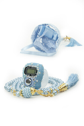 Mevlüt Gift Set with Zikrmatik and Pearl Prayer Beads in Special Box Light Blue - 3