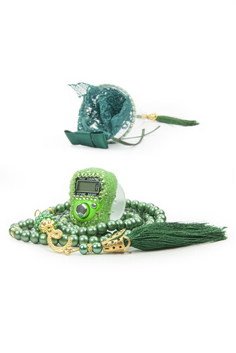 Mevlüt Gift Set with Zikrmatik and Pearl Prayer Beads in Special Box Light Green - 3